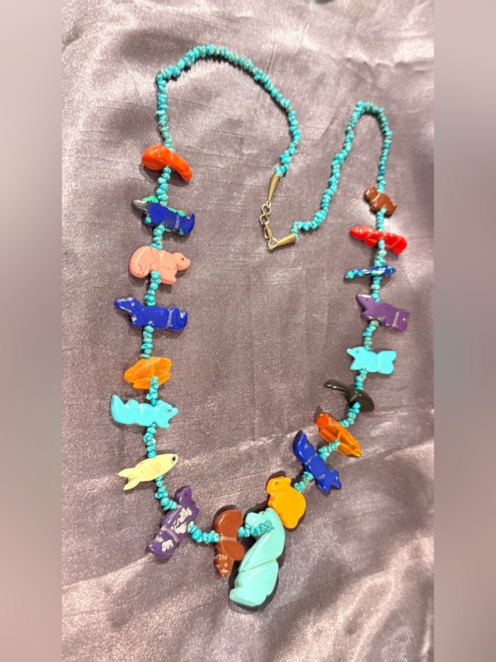 Vintage Crvd Animal Fetish Zuni Sterling Silver T-Bird Necklace